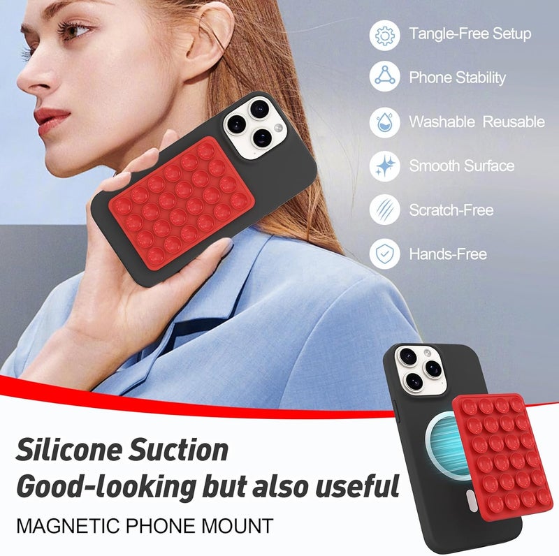 OPOM Magnetic Suction Phone Mount for MagSafe Case,Silicone Sticky Phone Grip Holder for iPhone,Removable Hands-Free Selfie/Video for TikTok & Instagram Influencer/Creator (Red) - Image 3
